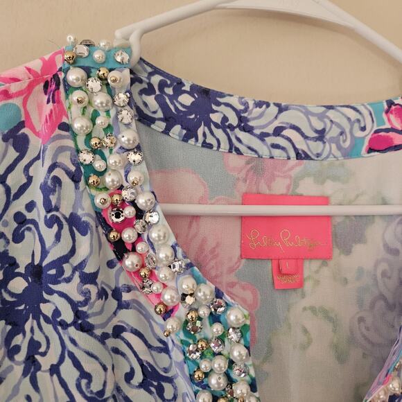 Lilly Pulitzer Elenora Silk Dress Floral Pearls Beaded Womens Size Large - Picture 5 of 13